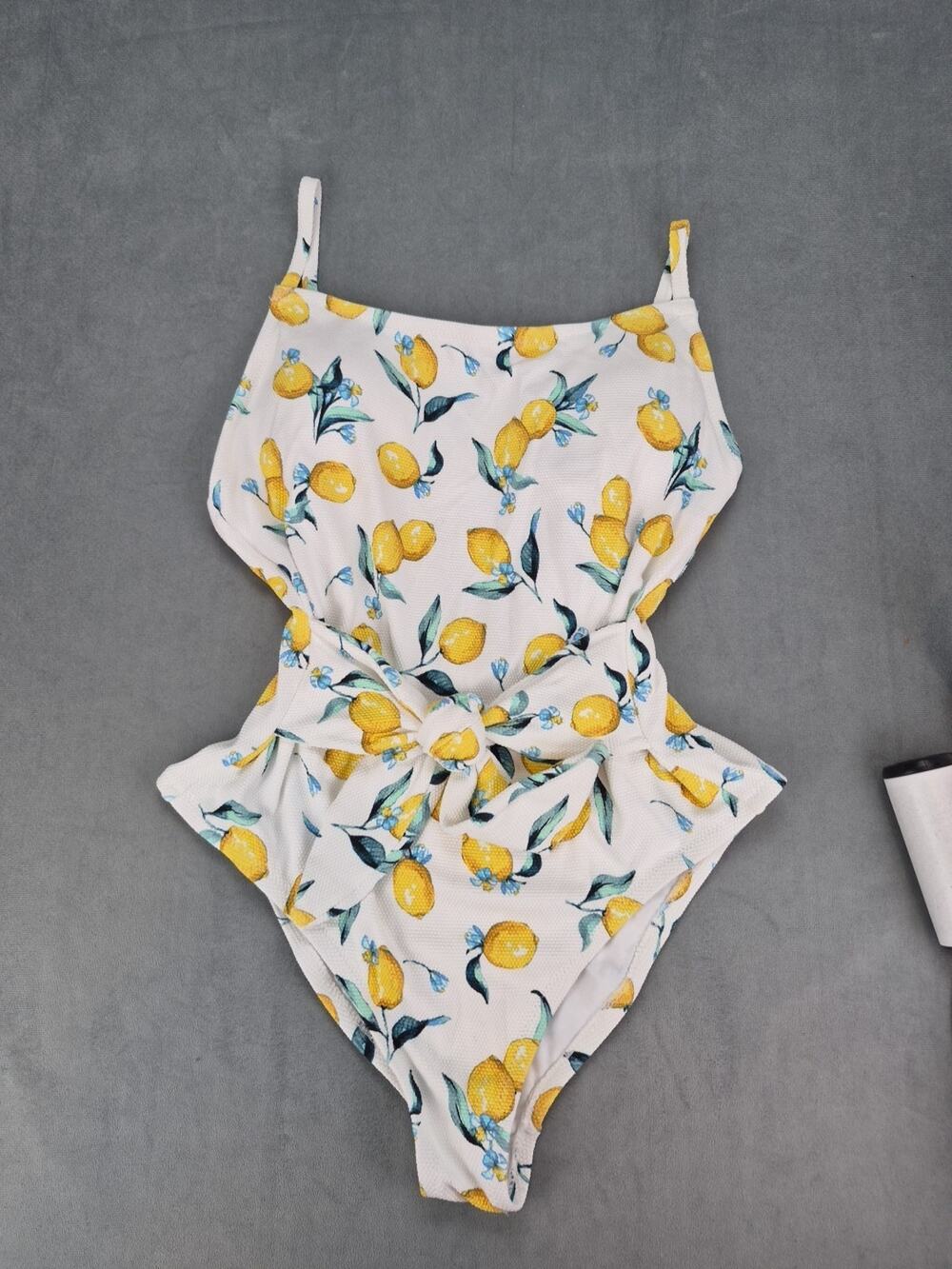 Jessica Simpson Lemons Printed Tie Waist White One Piece Swimsuit XL NWOT
